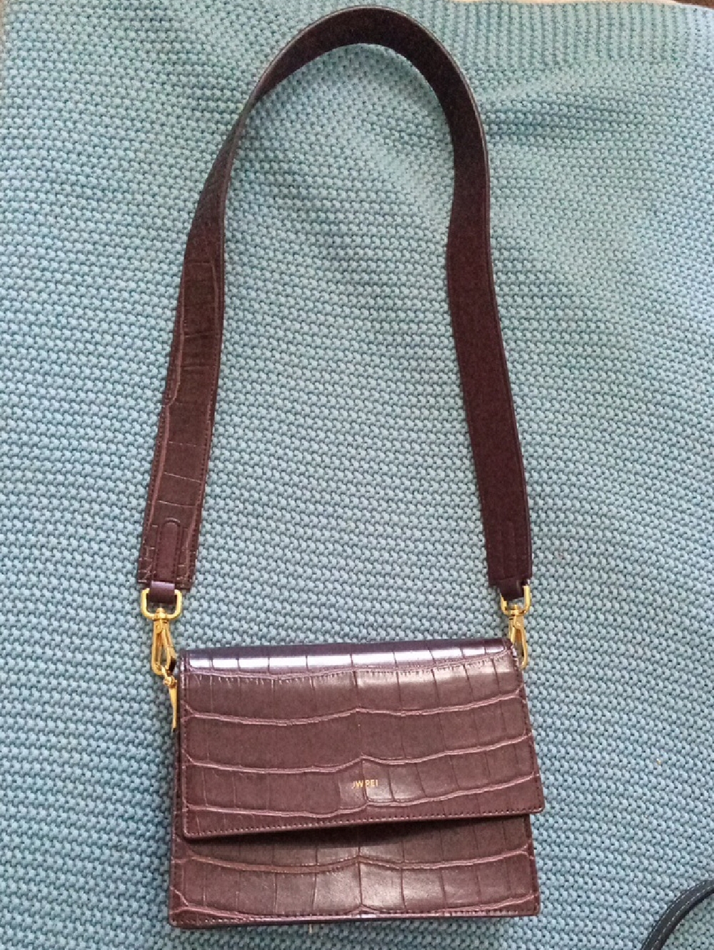 J W Pei Croc-Embossed Dark Brown/ Burgundy Crossbody Shoulder Bag